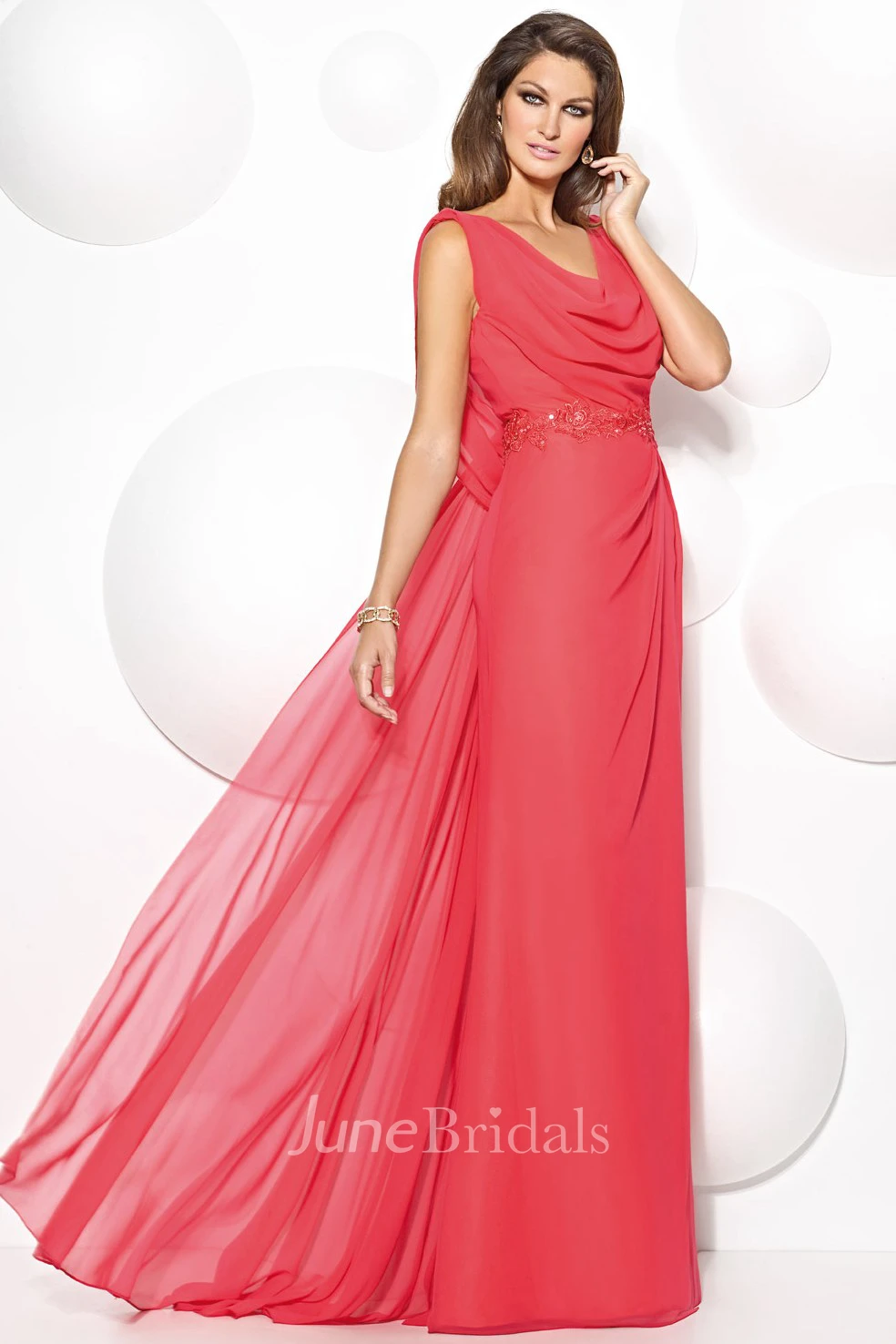 cowl-neck Sleeveless Chiffon Dress With Appliques Illusion back