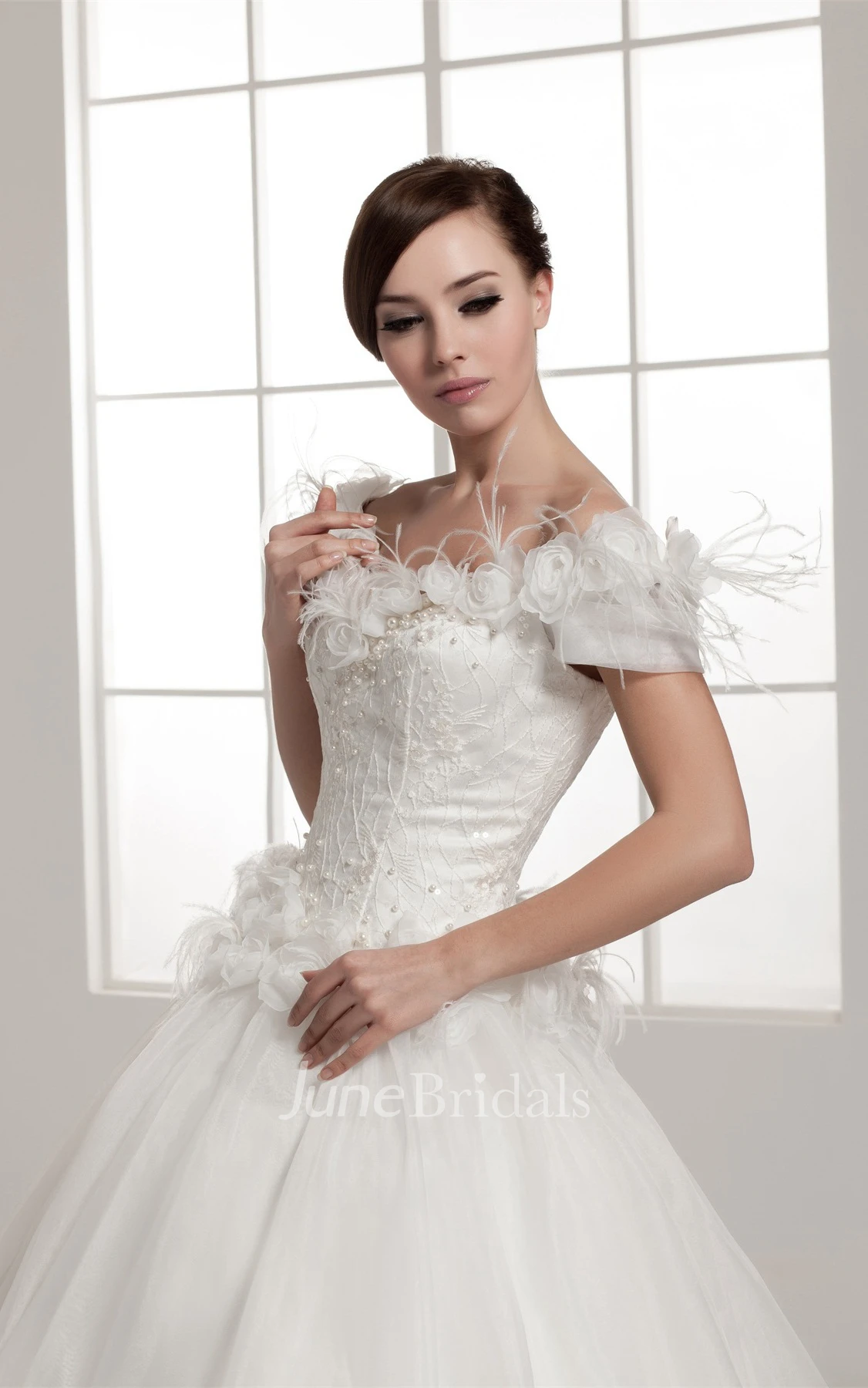 Off-The-Shoulder A-Line Ball Gown with Beading and Floral Waist