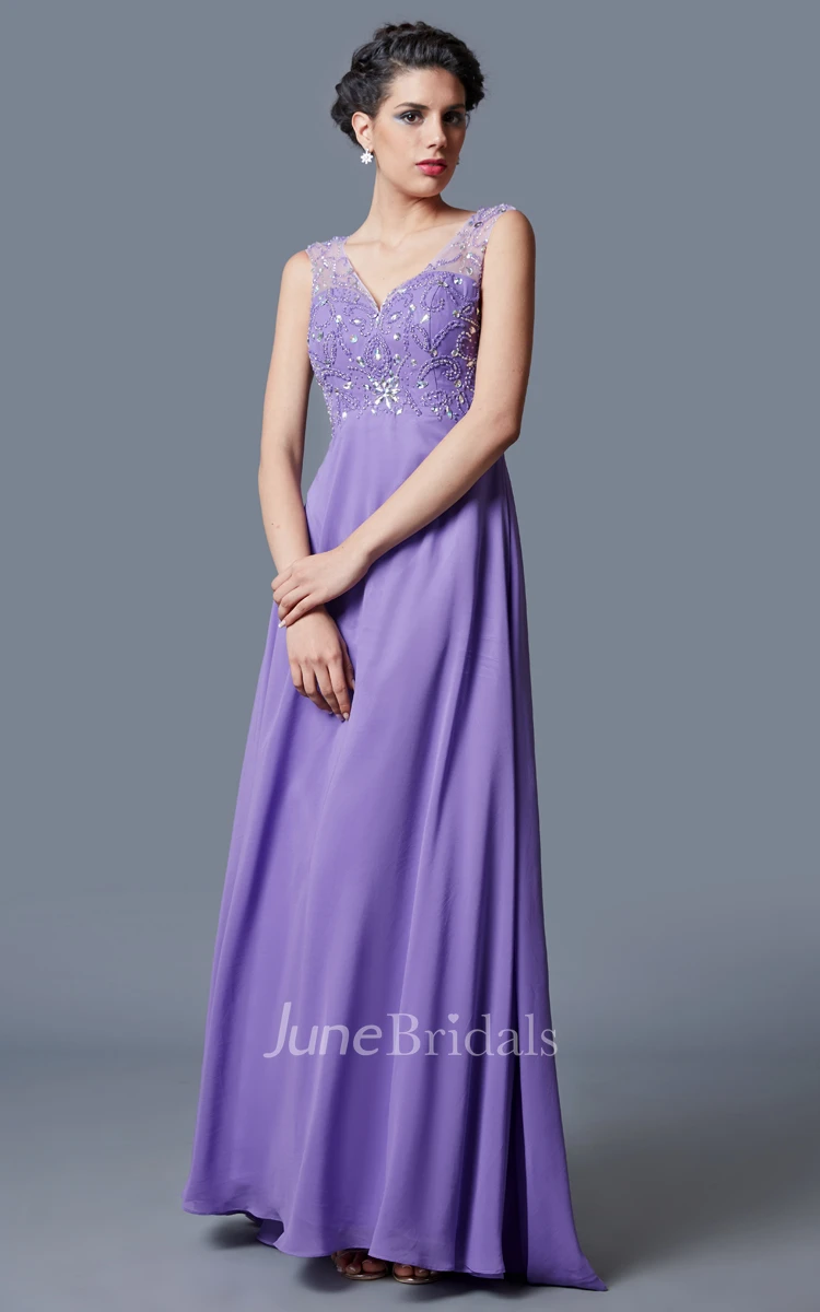 Ethereal Empire Waist Deep V-neck Princess Gown Elegant Beadwork Chiffon Skirt