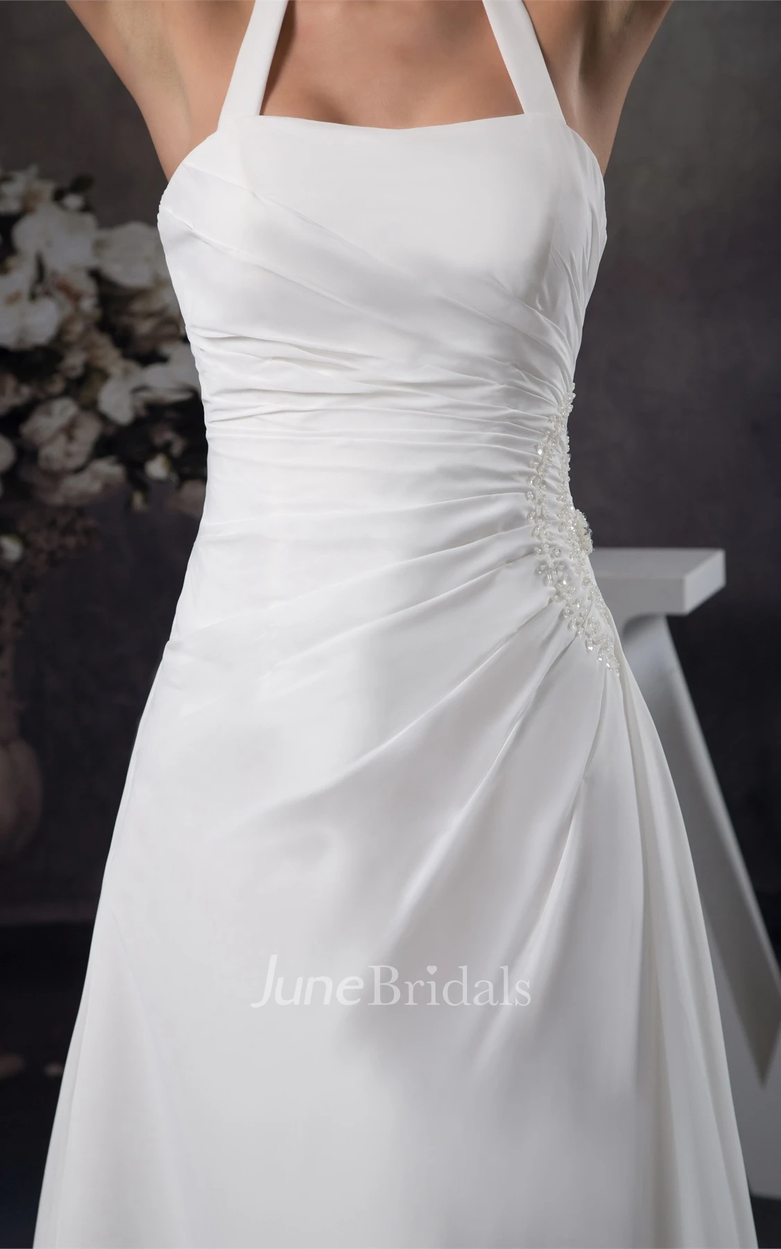 Chiffon Side-Draped A-Line Maxi Dress with Appliques and Halter