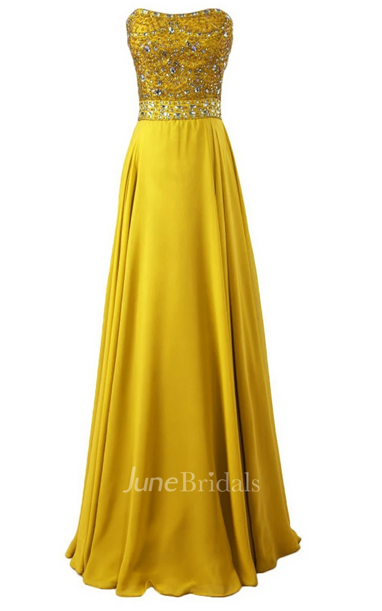 Strapless Long Satin Dress With Beaded Bodice