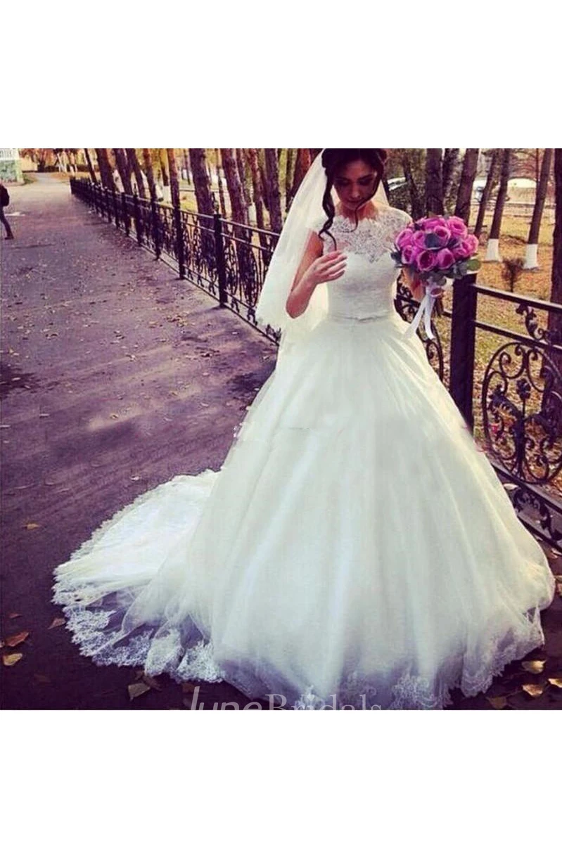 Modest A Line Sheer Jewel Neck Lace Top Chic Bridal Gown