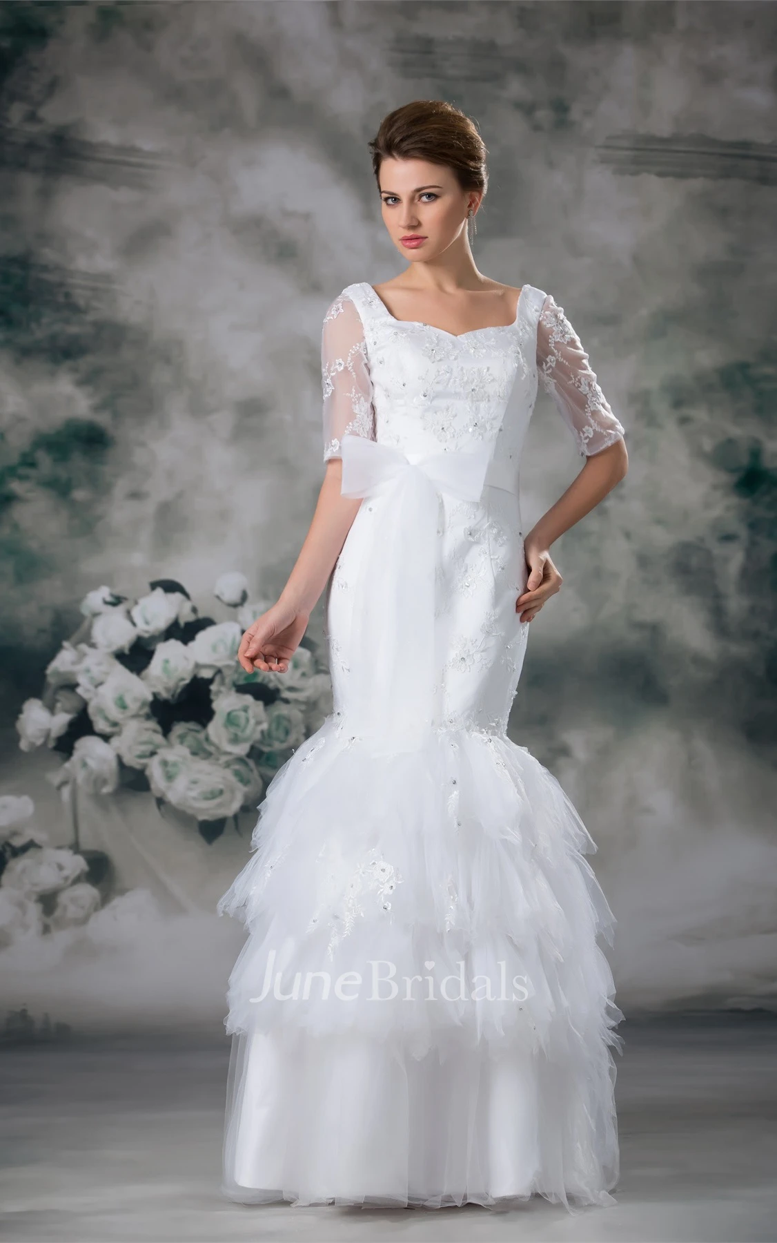 square-neck mermaid half-sleeve dress with tiers and beading