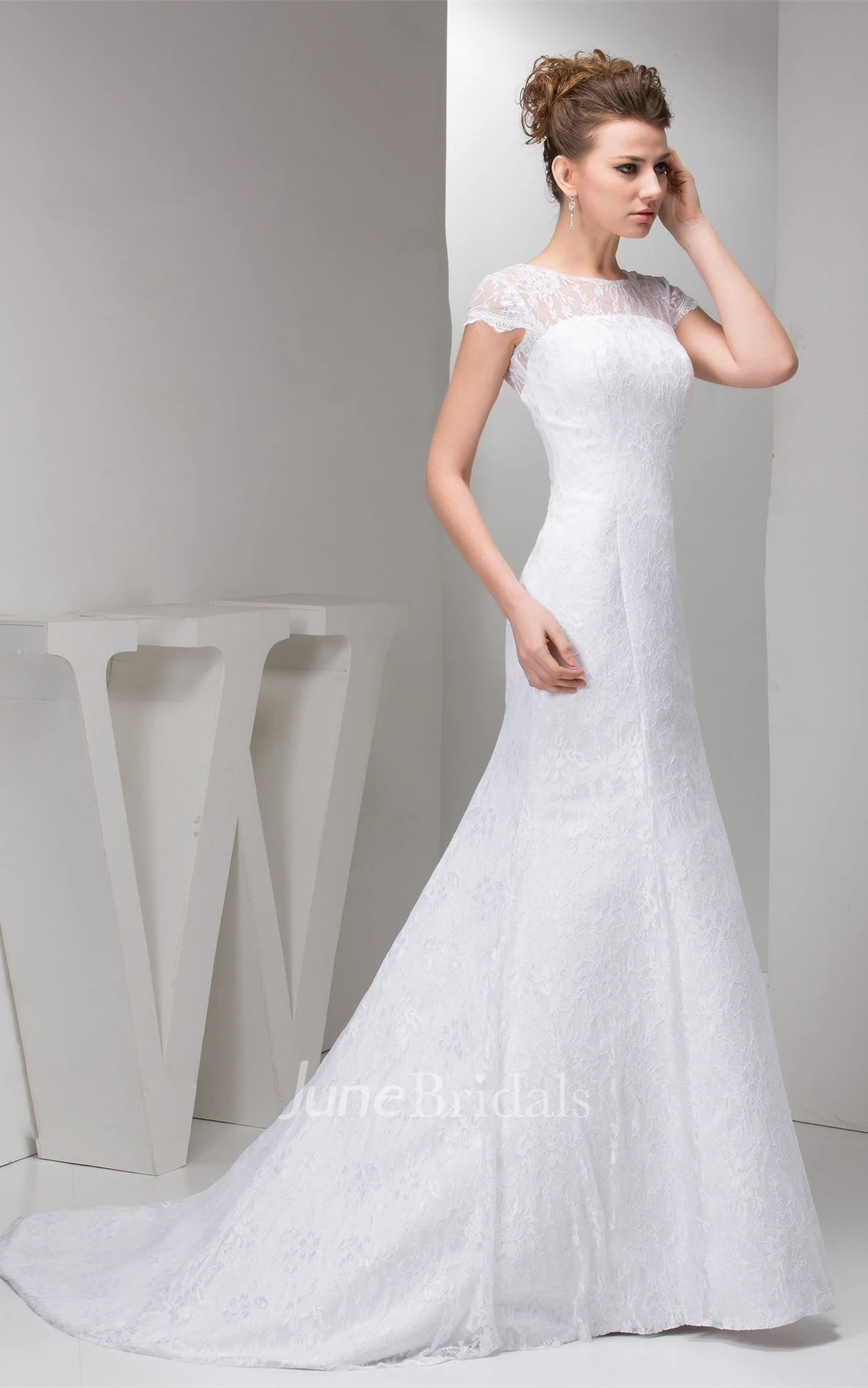 Short-Sleeve Lace Column Gown with Low-V Back