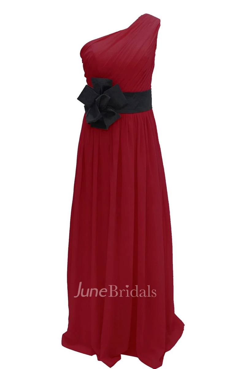 One-shoulder Pleated Chiffon A-line Gown With Floral Band