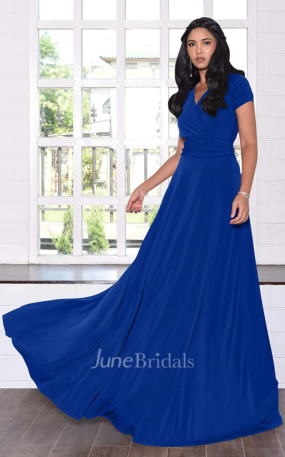 A Line V-neck Jersey Short Sleeve Prom Dress With Criss Cross and Pleats