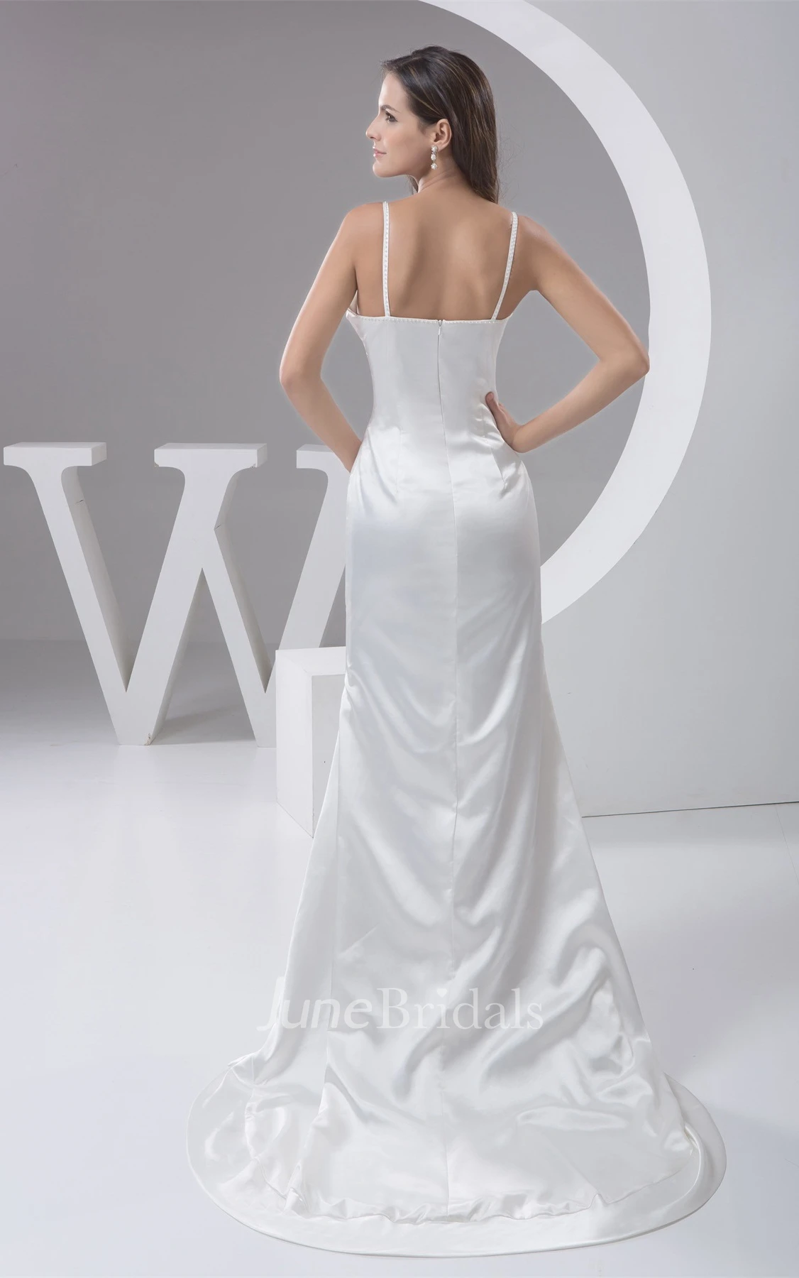 Spaghetti-Straps Satin Sheath Dress with Draping and Sweep Train