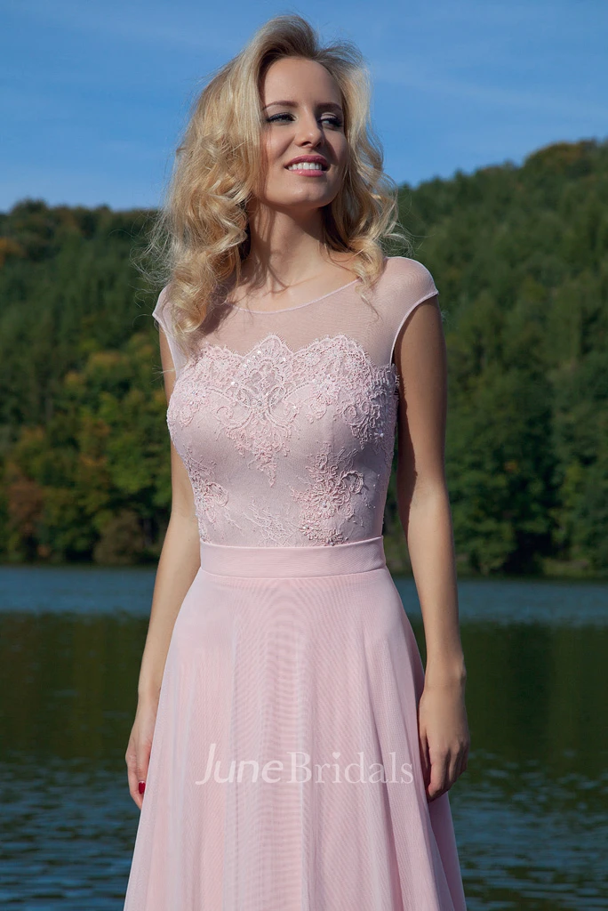 Cap-sleeve Chiffon Lace Dress With Keyhole back