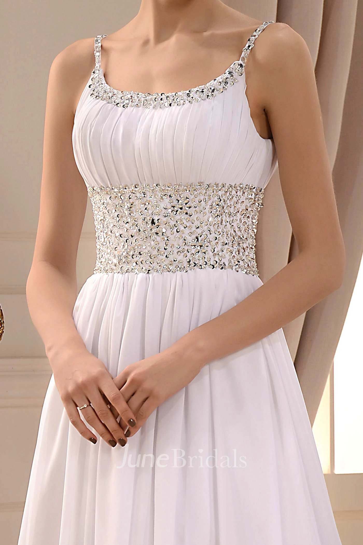 Beaded Spaghetti Strap A-line Long Chiffon Dress With Pleats