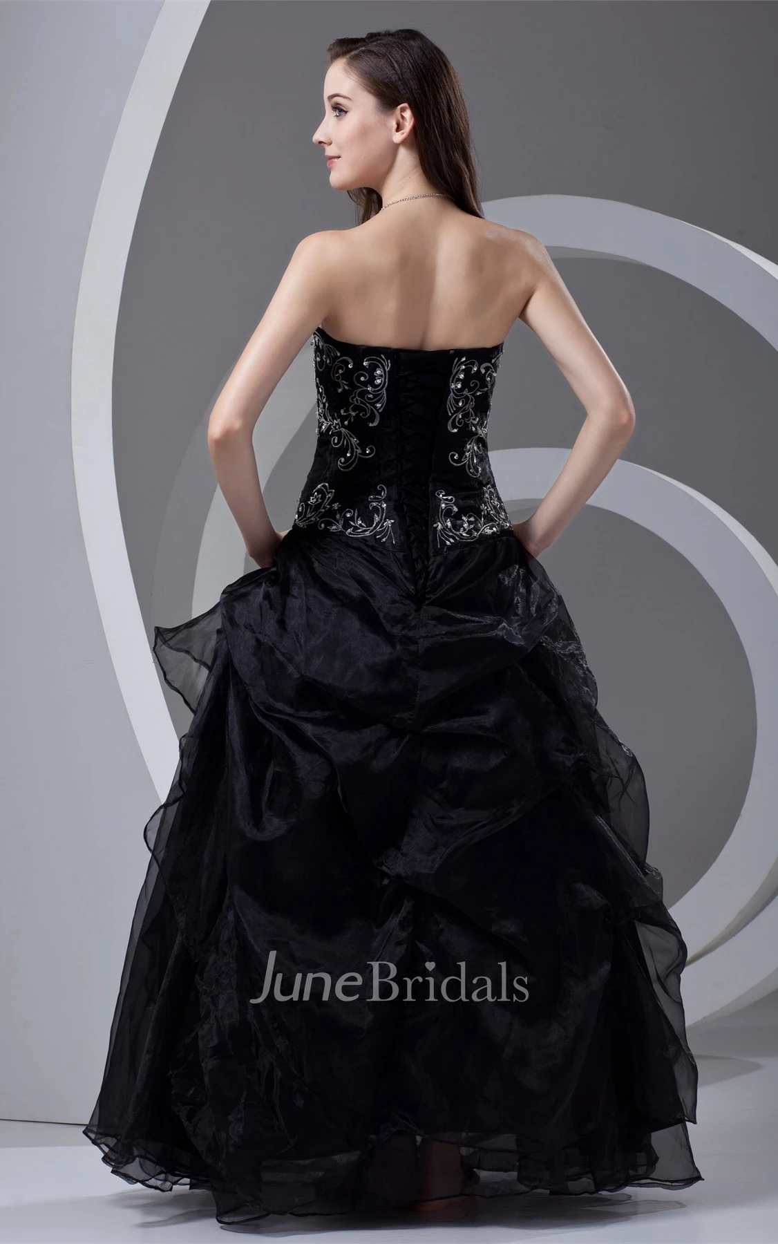 strapless pick-up ball embroidered gown with corset back