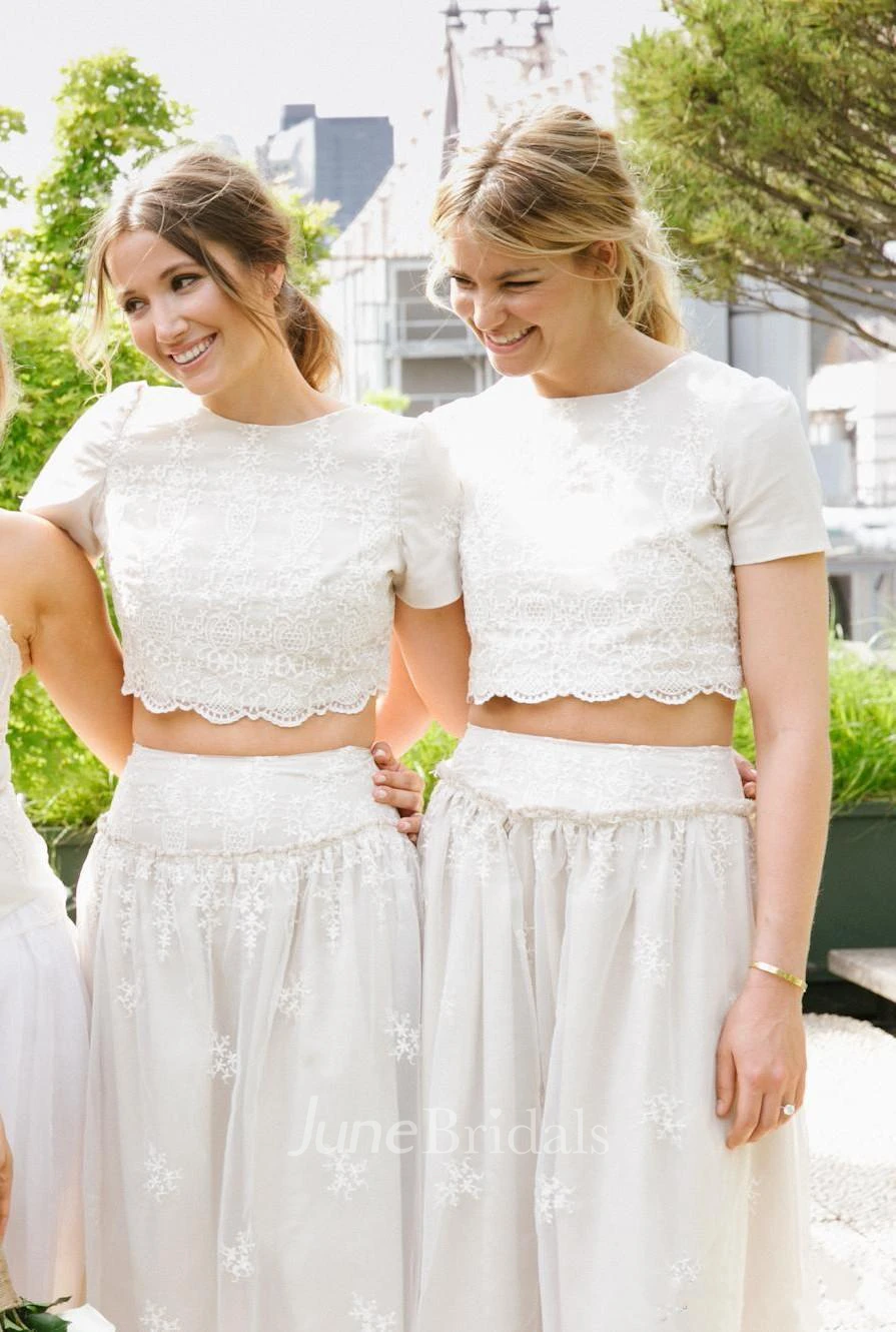 Modern White Two Piece A-line Bridesmaid Dress Lace Short Sleeve Jewel