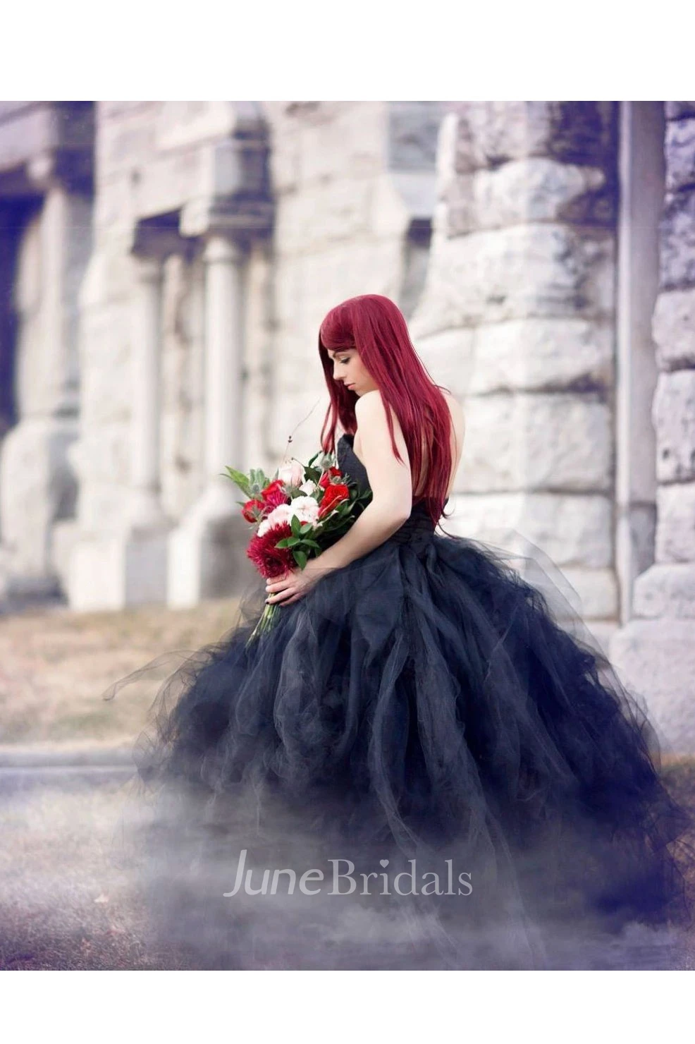 A-Line Strapless Floor-length Sleeveless Open Back Zipper Black Wedding Dress With Ruffles