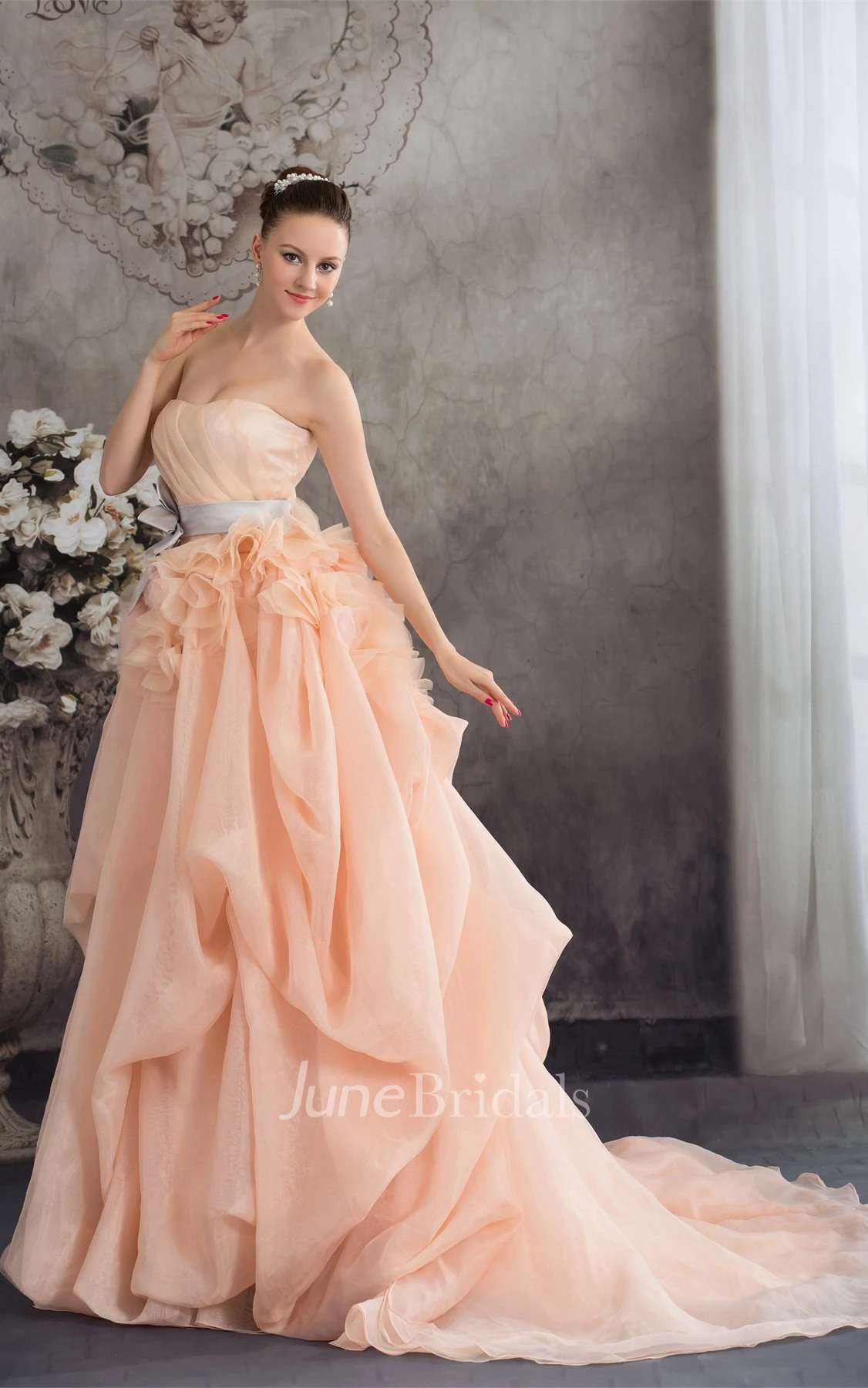 Strapless Ruched Pick-Up Gown with Ruffles and Bow