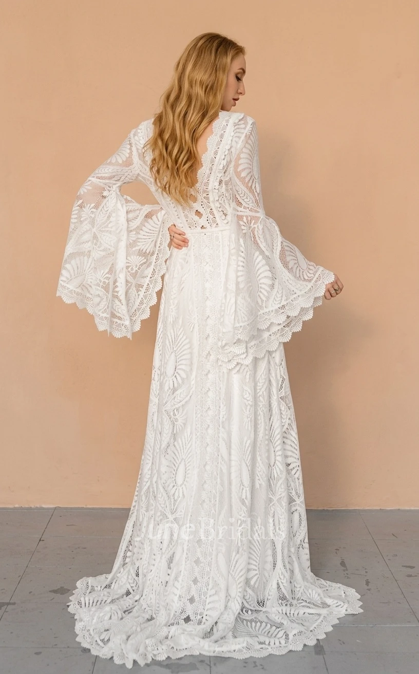 Floral Beach A-Line Boho Lace Long Bell Sleeve Spring Wedding Dress Vintage Modest Barn Country Sweep Train Illusion Back Bridal Gown