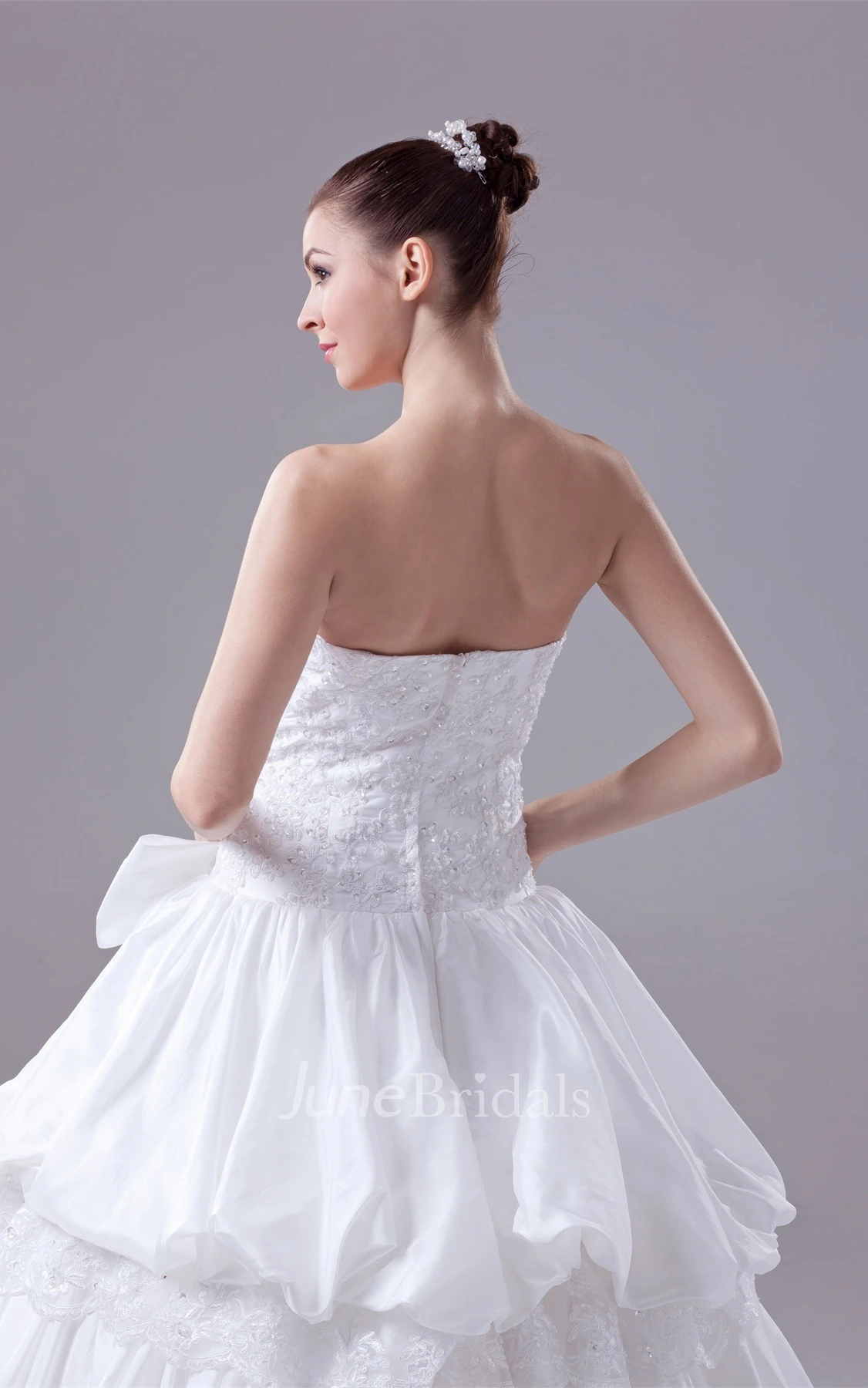 Strapless Pick-Up Tiered Ball Gown with Appliques and Bow