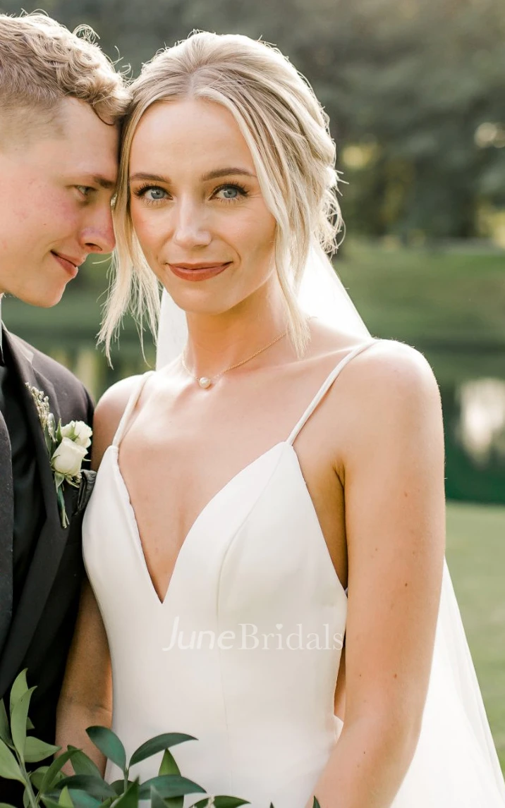 Sexy A-Line Satin Spring Wedding Dress With V-neck And Sweep Train