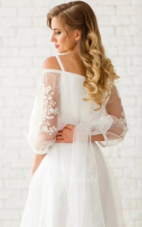 Casual Floor-length 3/4 Length Sleeve Tulle A Line Zipper Wedding Dress with Appliques
