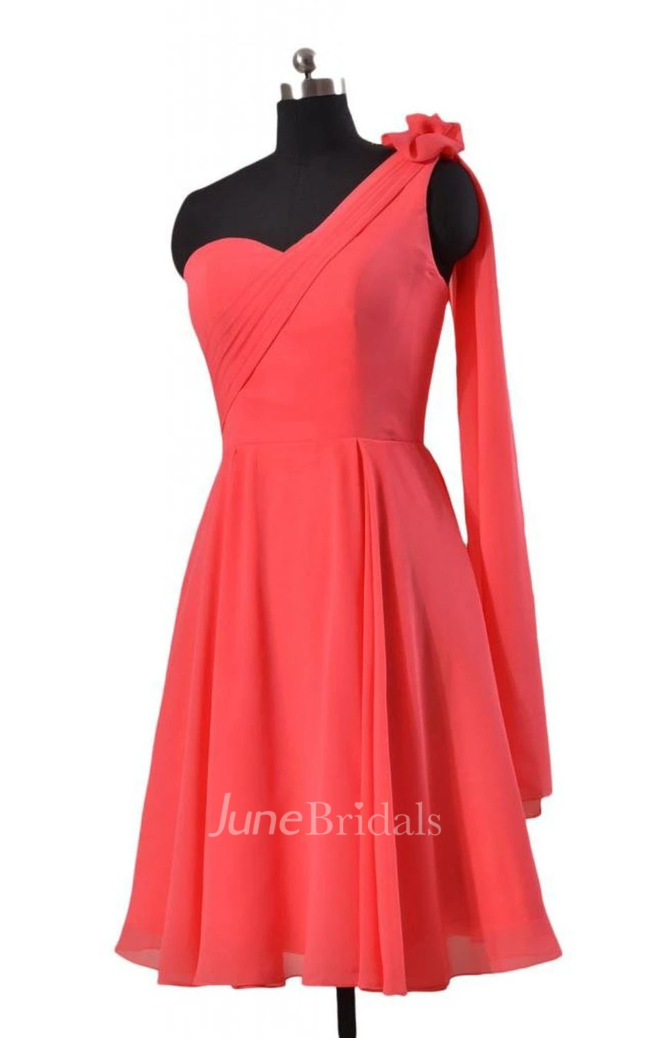 One-shoulder Knee-length Pleated Chiffon Dress With Drapped Sleeve