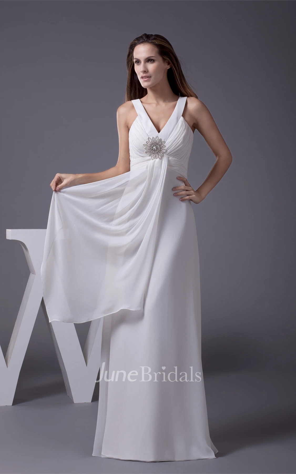 Strapless V-Neck A-Line Floor-Length Dress with Side Draping and Flowered Beadings