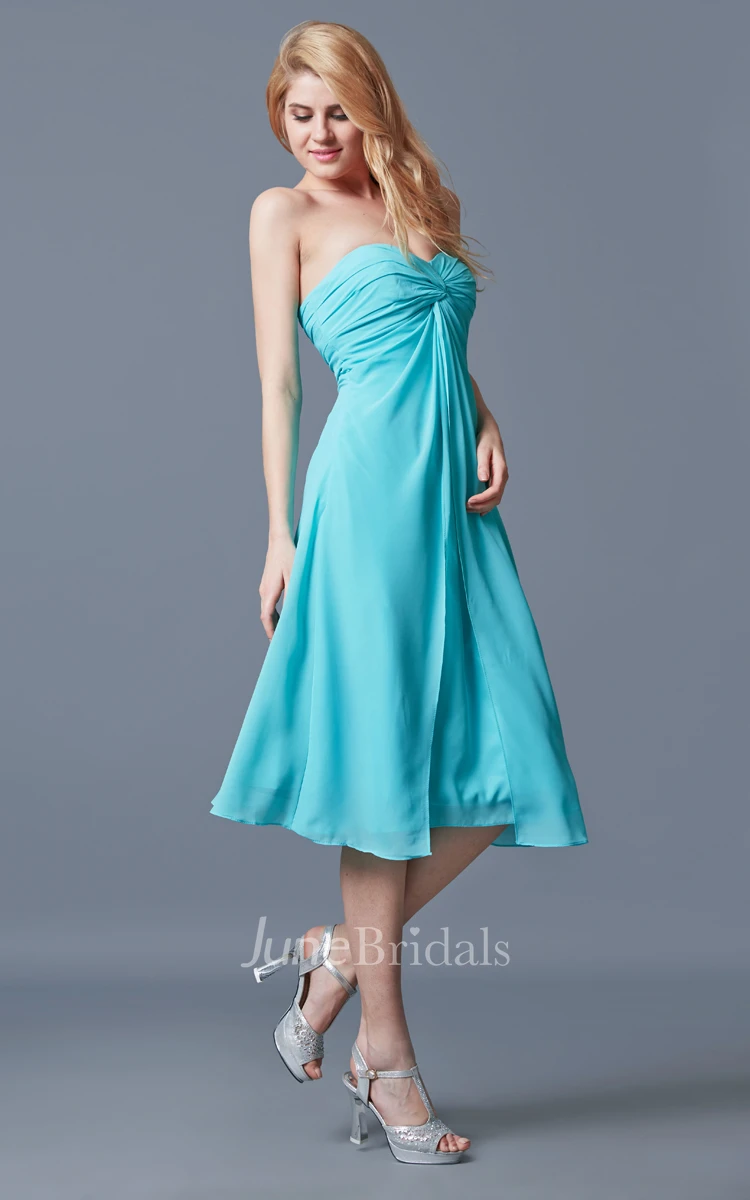Sleeveless Sweetheart Ruched Tea-length Chiffon Dress