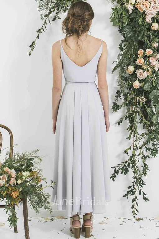 Ankle-Length Sleeveless Spaghetti Pleated Chiffon Bridesmaid Dress