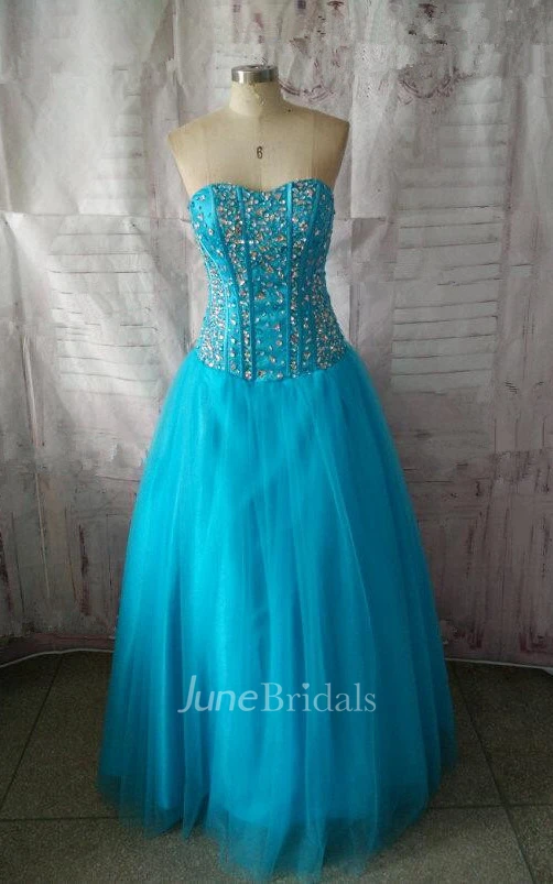 Long Strapless Tull Corset Dress With Beading And Lace-up Back