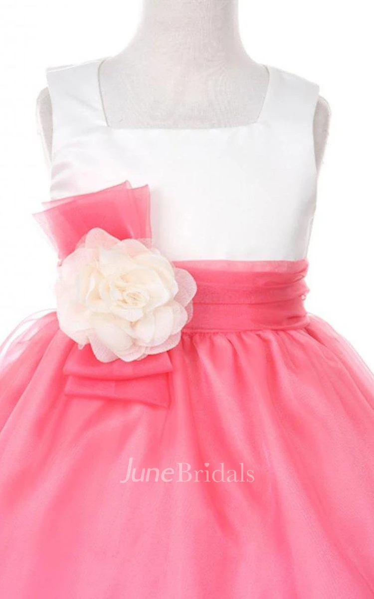 Sleeveless Square-neck Organza Dress With With Flower Belt