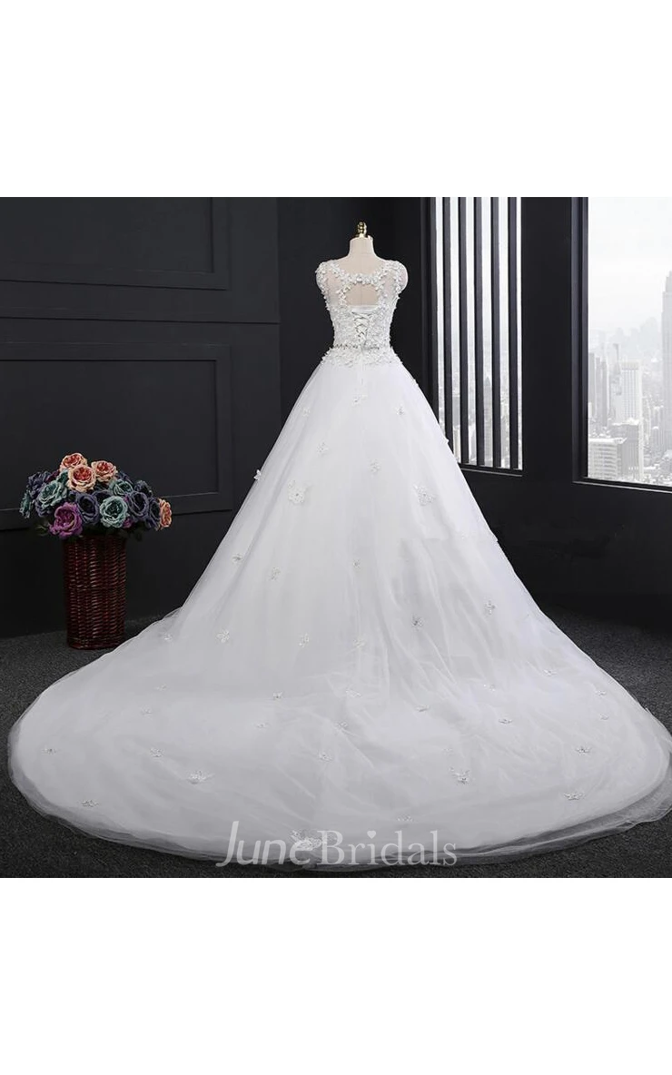 Scoop Neck Long A-line Tulle Wedding Dress With Ruffles And Appliques