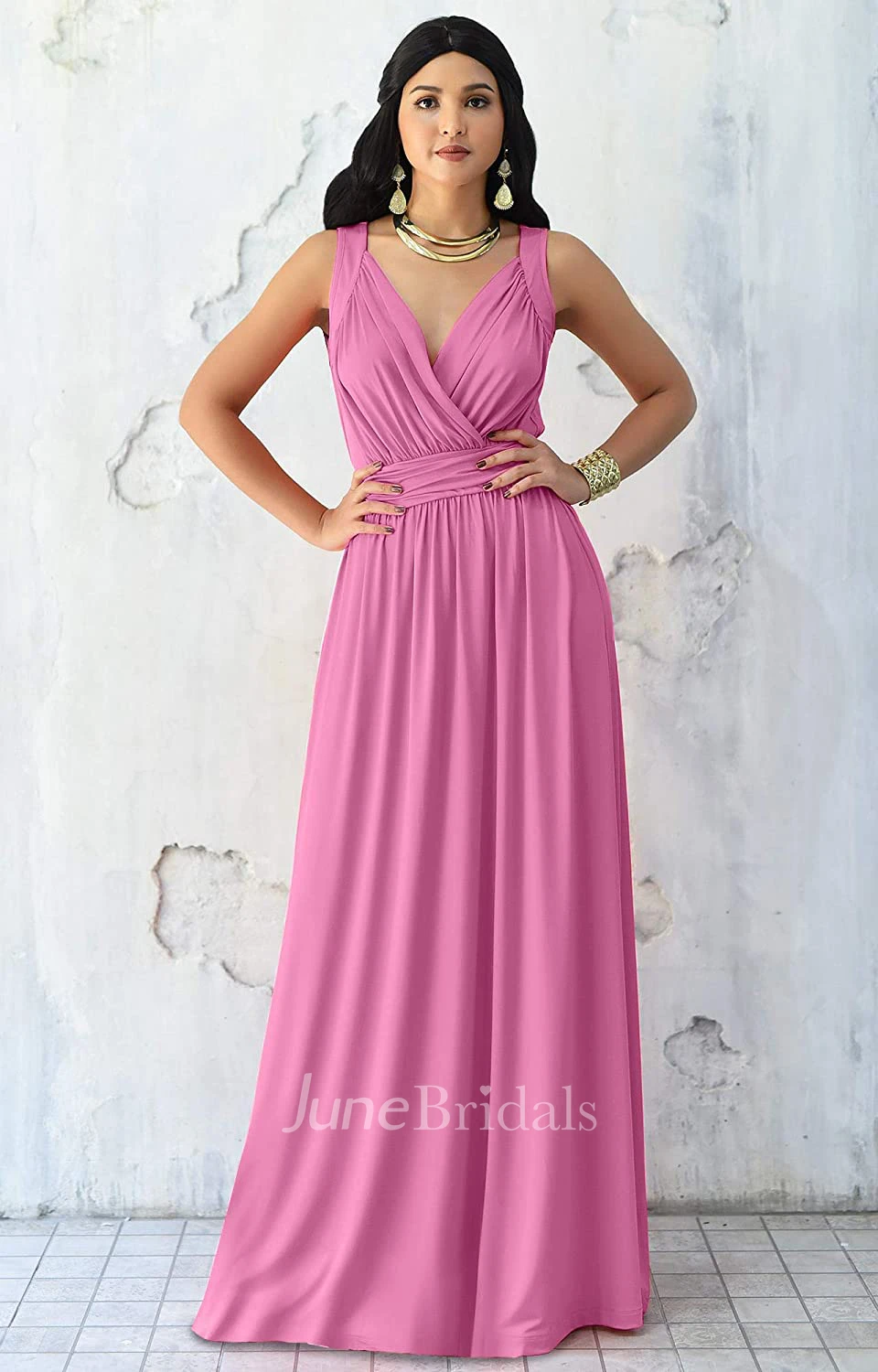 Sexy A Line V-neck Chiffon Sleeveless Long Bridesmaid Dress