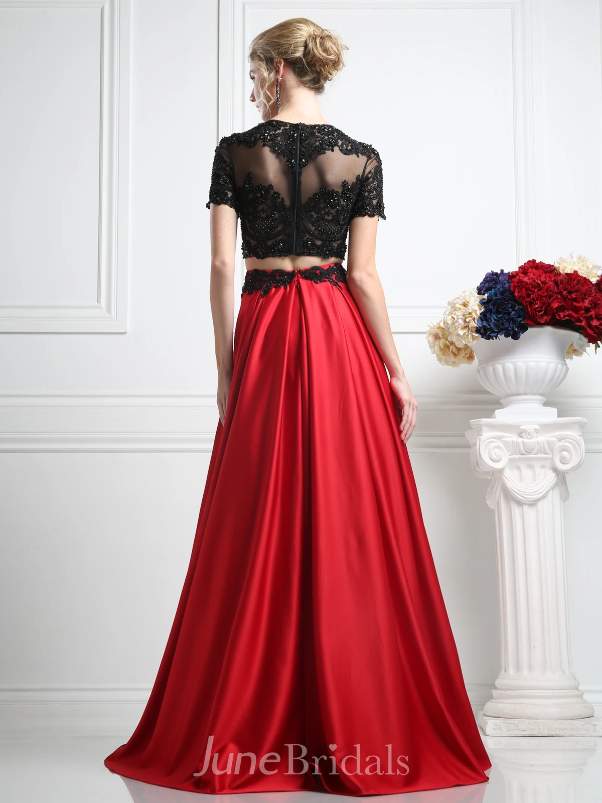 Two-Piece A-Line Maxi Jewel-Neck Short Sleeve Satin Illusion Dress With Appliques