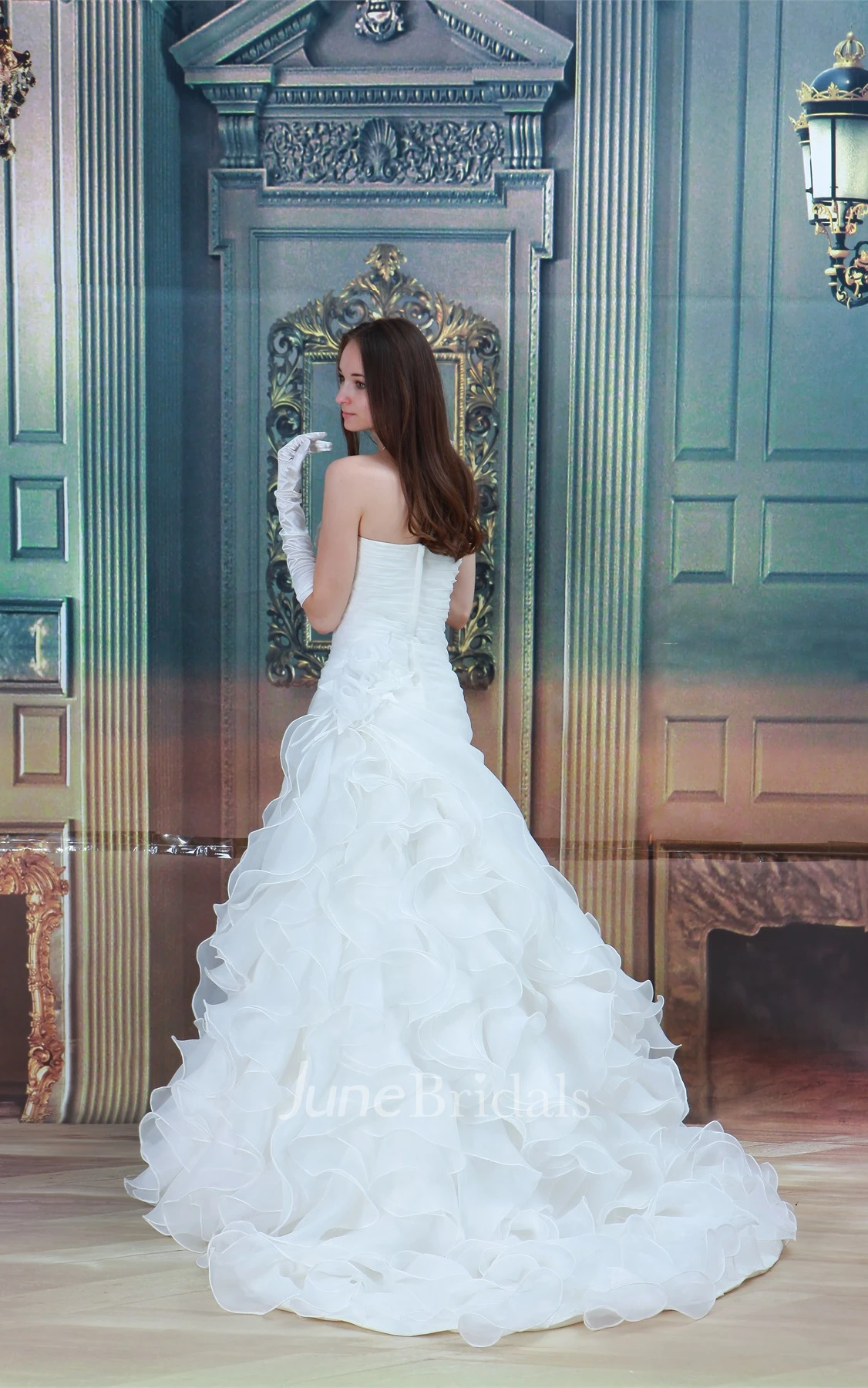 Sleeveless Ruched A-Line Dress with Flower and Ruffles