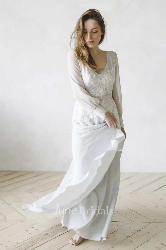 Chiffon Split Wedding Gown With Long Poet Sleeve And V-neck And Lace Appliques