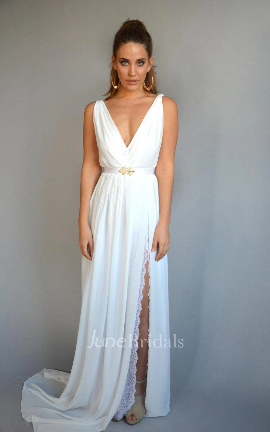 Sheath Chiffon Split Front Sleeveless Dress With Sweep Train