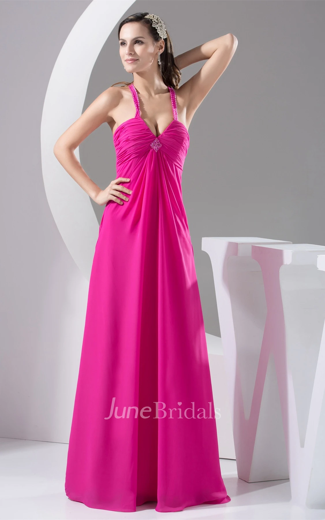 Plunged Criss-Cross Chiffon Maxi Dress with Beading and Broach
