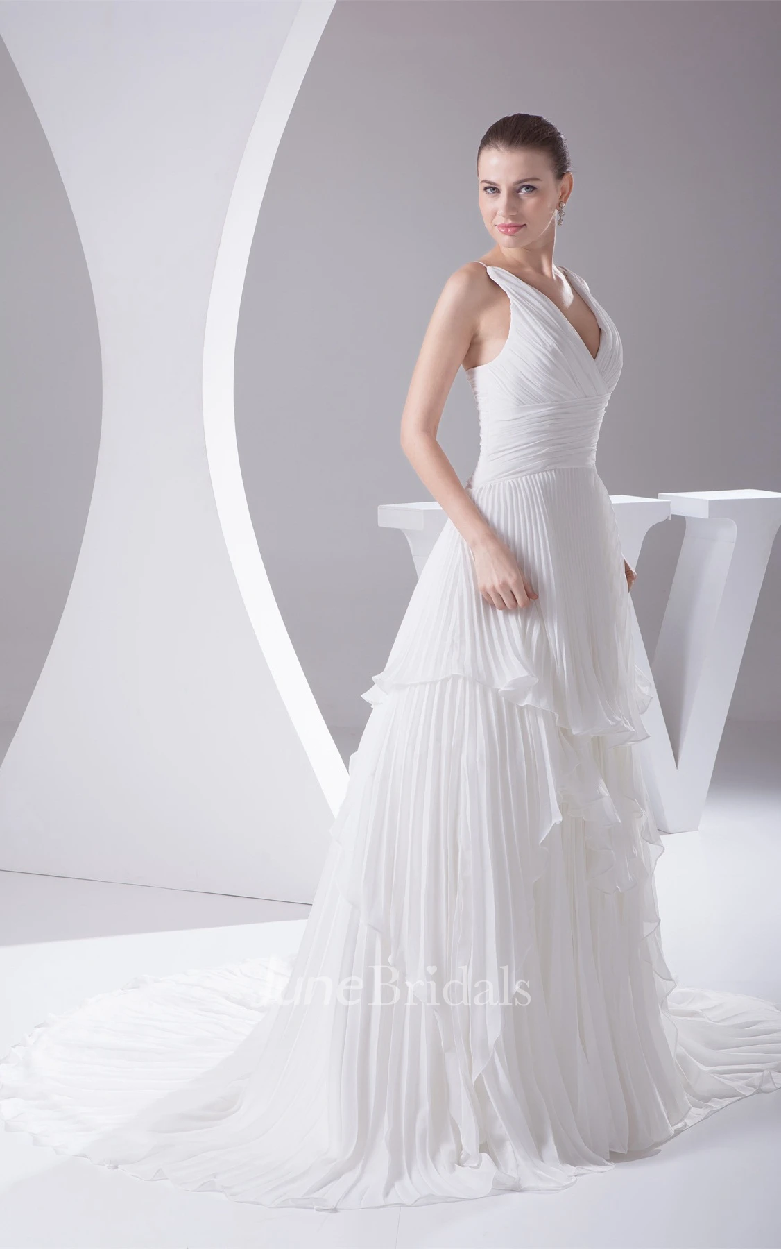 Chiffon Deep-V-Neck A-Line Gown with Draping and Pleats