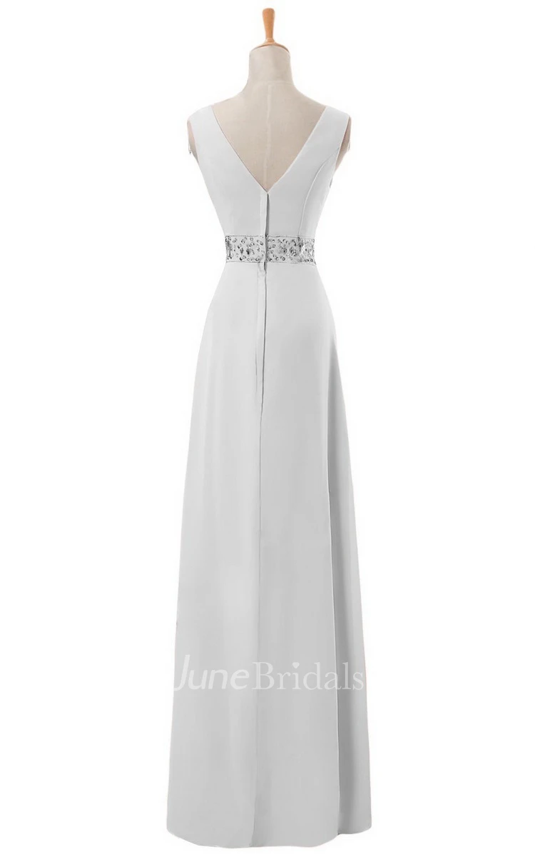 V-neck Long Empire Chiffon Dress With Rhinestones