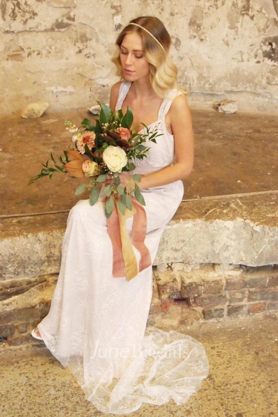 V-Neck Satin Bowed Sash Ribbon Lace Backless Wedding Dress