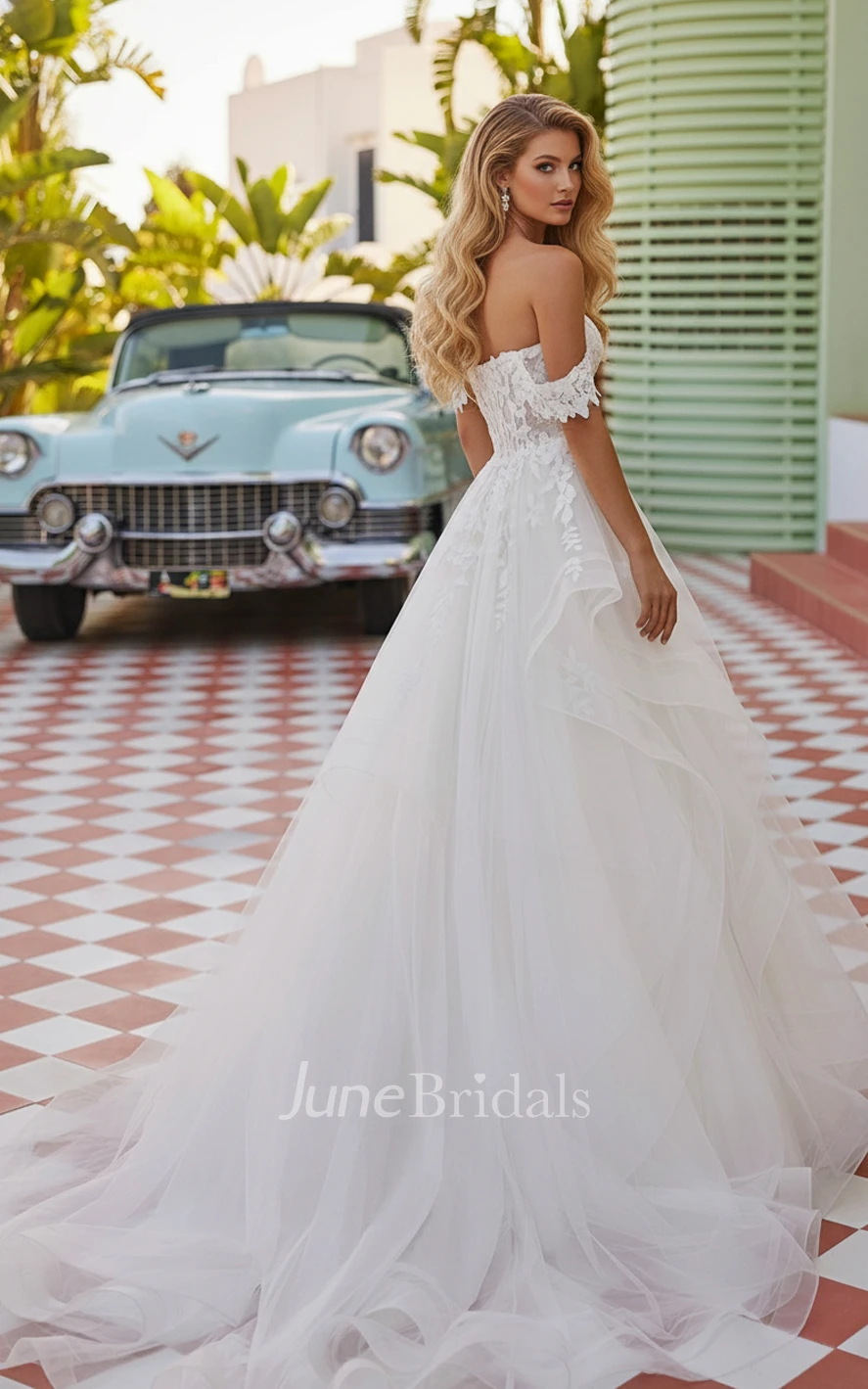 A-Line Off Shoulder Lace Wedding Dress Elegant Plunge Neck Tulle Bridal Gown with Court Train