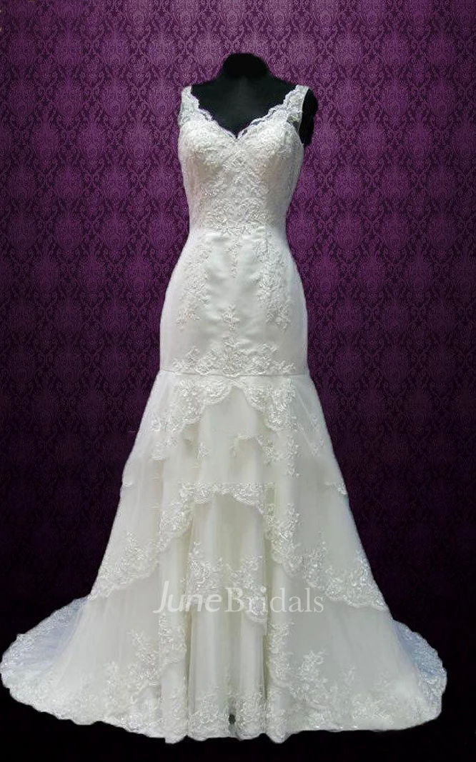 V-Neck Lace Satin Weddig Dress With Tiers