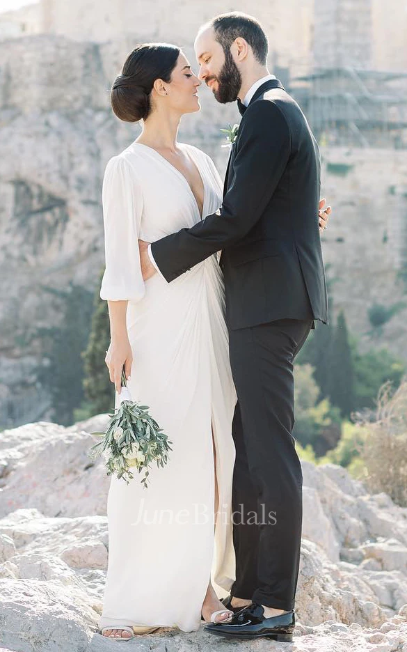 Casual Sheath Plunging Neckline Chiffon Wedding Dress With Open Back And Split Front