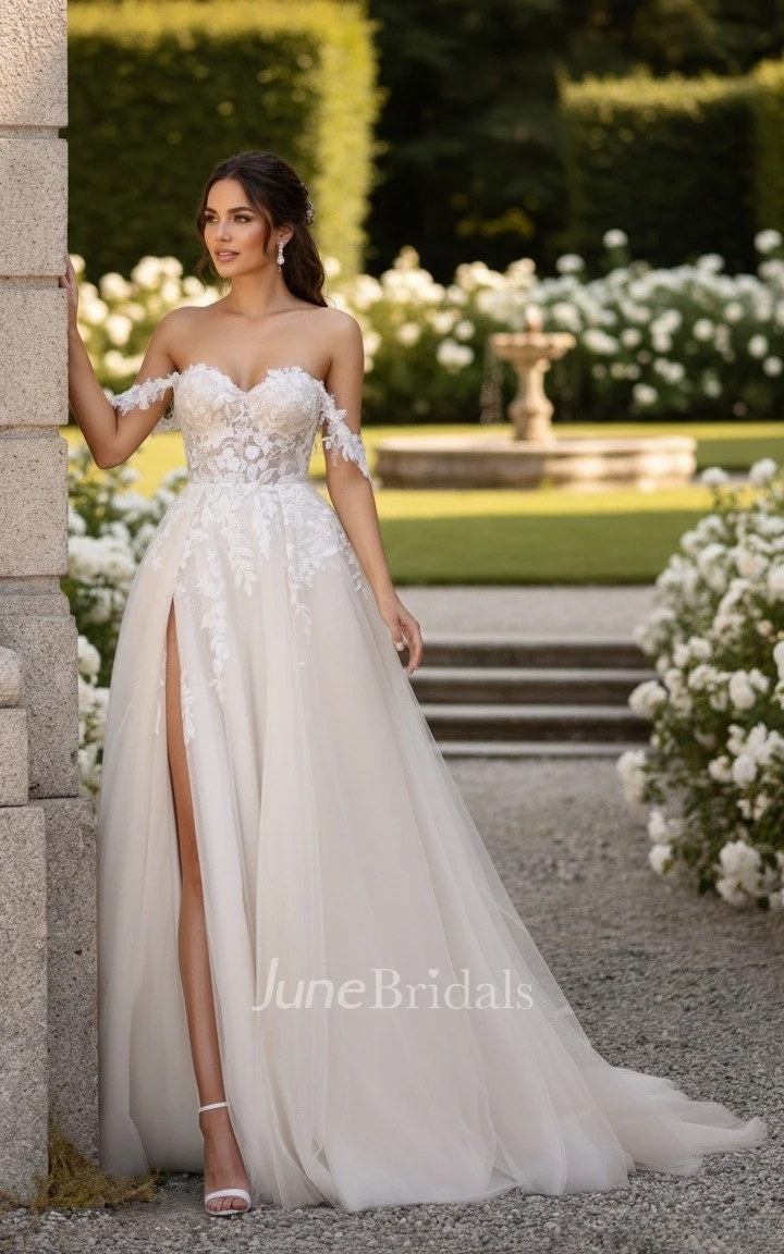 Modern Floral Boho Lace Off-the-Shoulder A-Line Spring Wedding Dress Sexy Princess Split Front Sleeveless Applique Bridal Gown