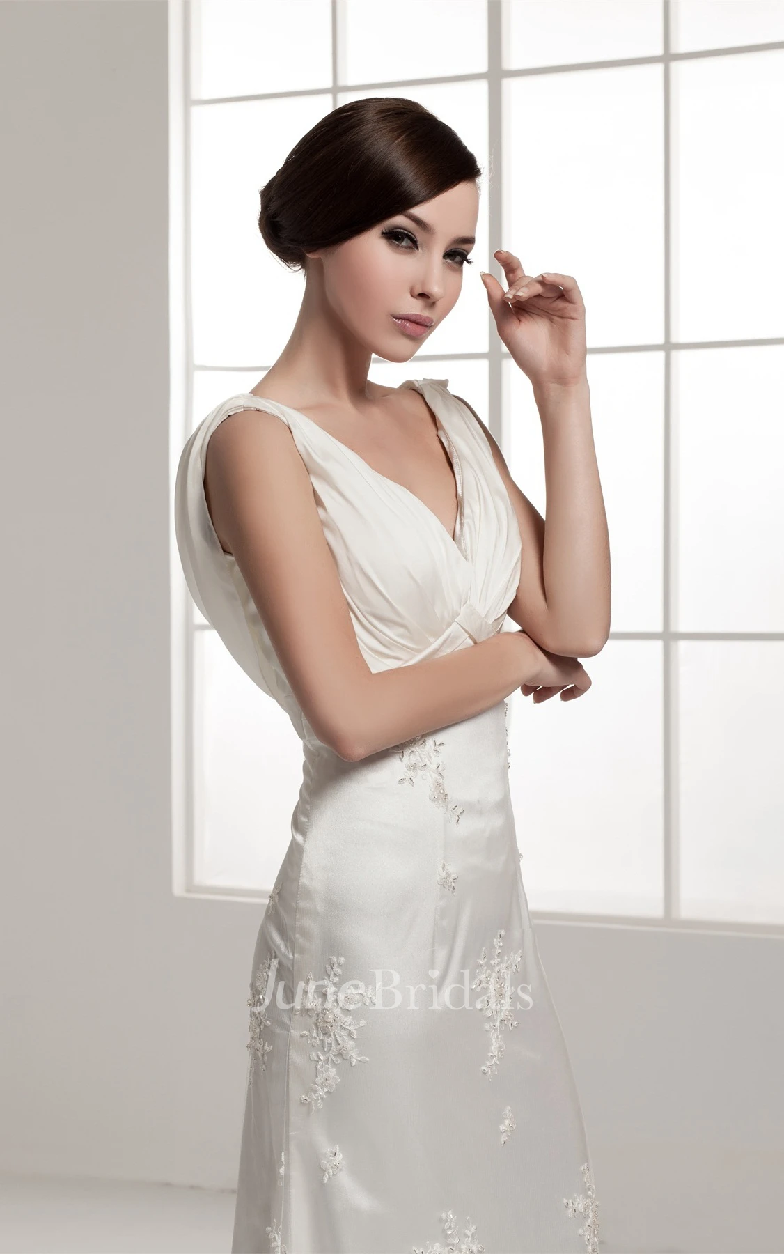 Deep-V-Neck Sheath Floor-Length Dress with Appliques and Ruching