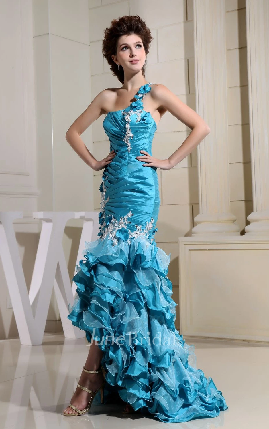 Delicate Satin High-Low Dress With Pick-Up Ruffles and Appliques