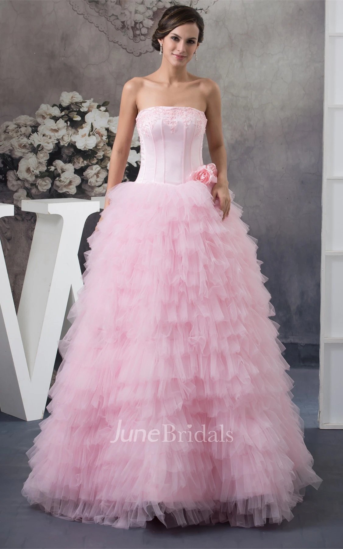 Strapless Ruffled Ball Gown with Appliques and Bolero