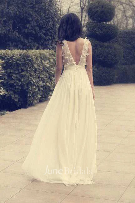 V-Neck Chiffon Floral Sash Ribbon Button Wedding Dress