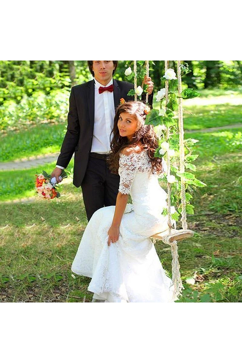 Modern Off-the-shoulder Half-sleeve Mermaid Wedding Dress With Lace