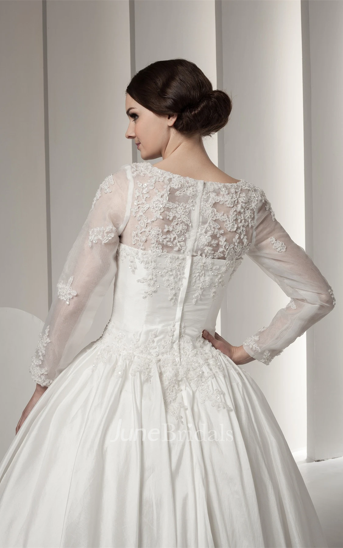 Bateau-Neck Long-Sleeve Ball Gown with Lace and Beading