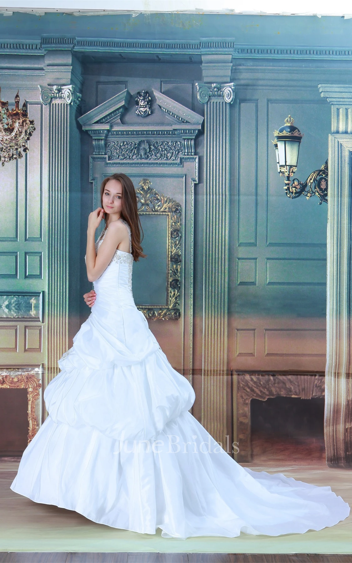 Noble Strapped Pick-Up Ball Gown with Appliques and Beading