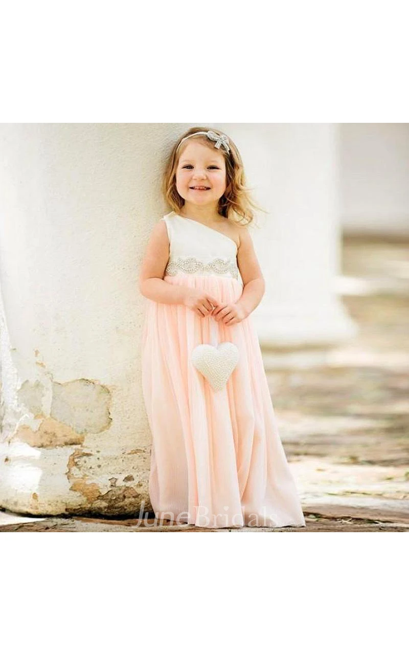 Delicate One Shoulder Chiffon Flower Girl Dress Pearls
