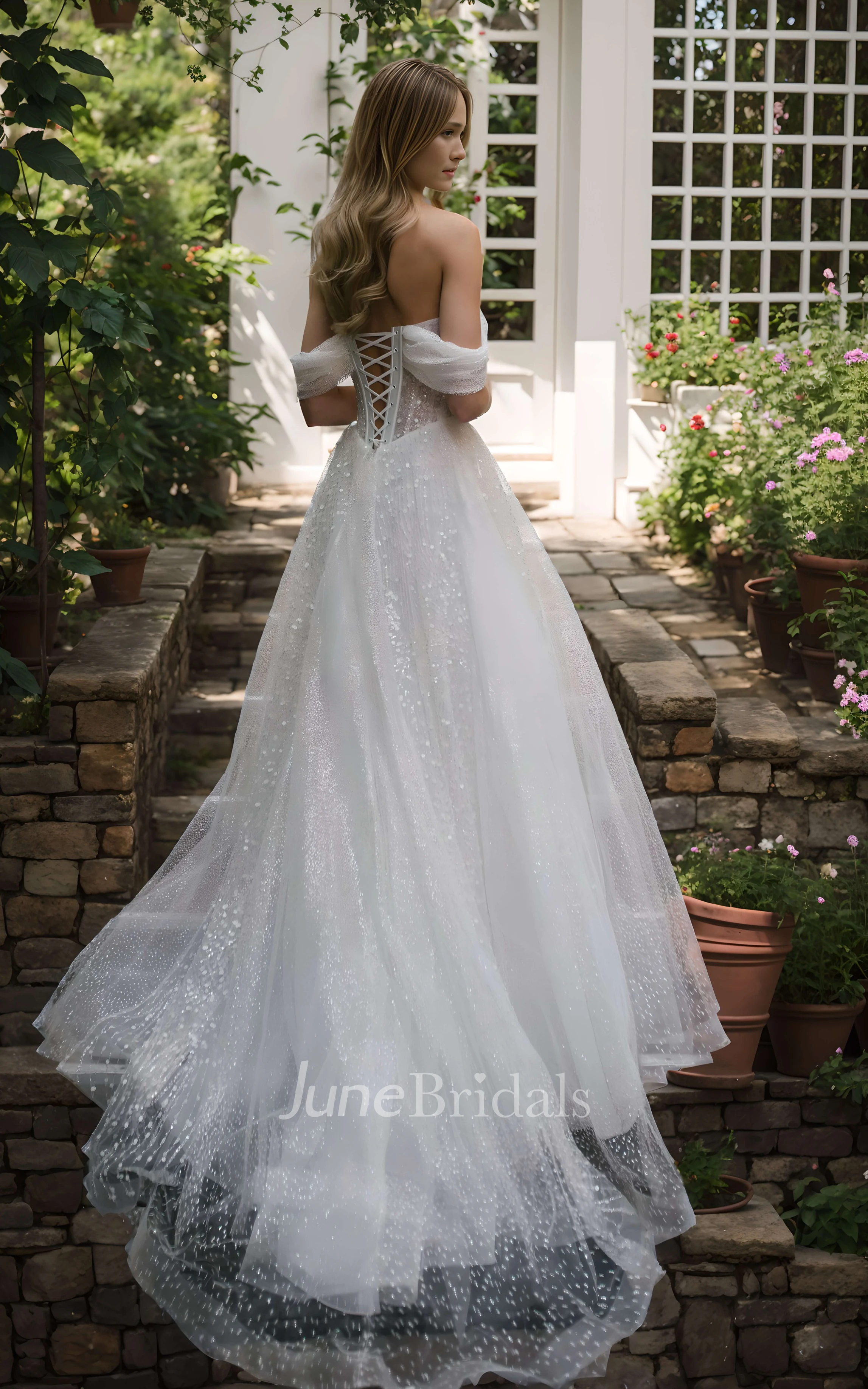 Boho A-Line Off-the-Shoulder Wedding Dress Romantic Sparkly Sequins Sleeveless Floor-Length Bridal Gown